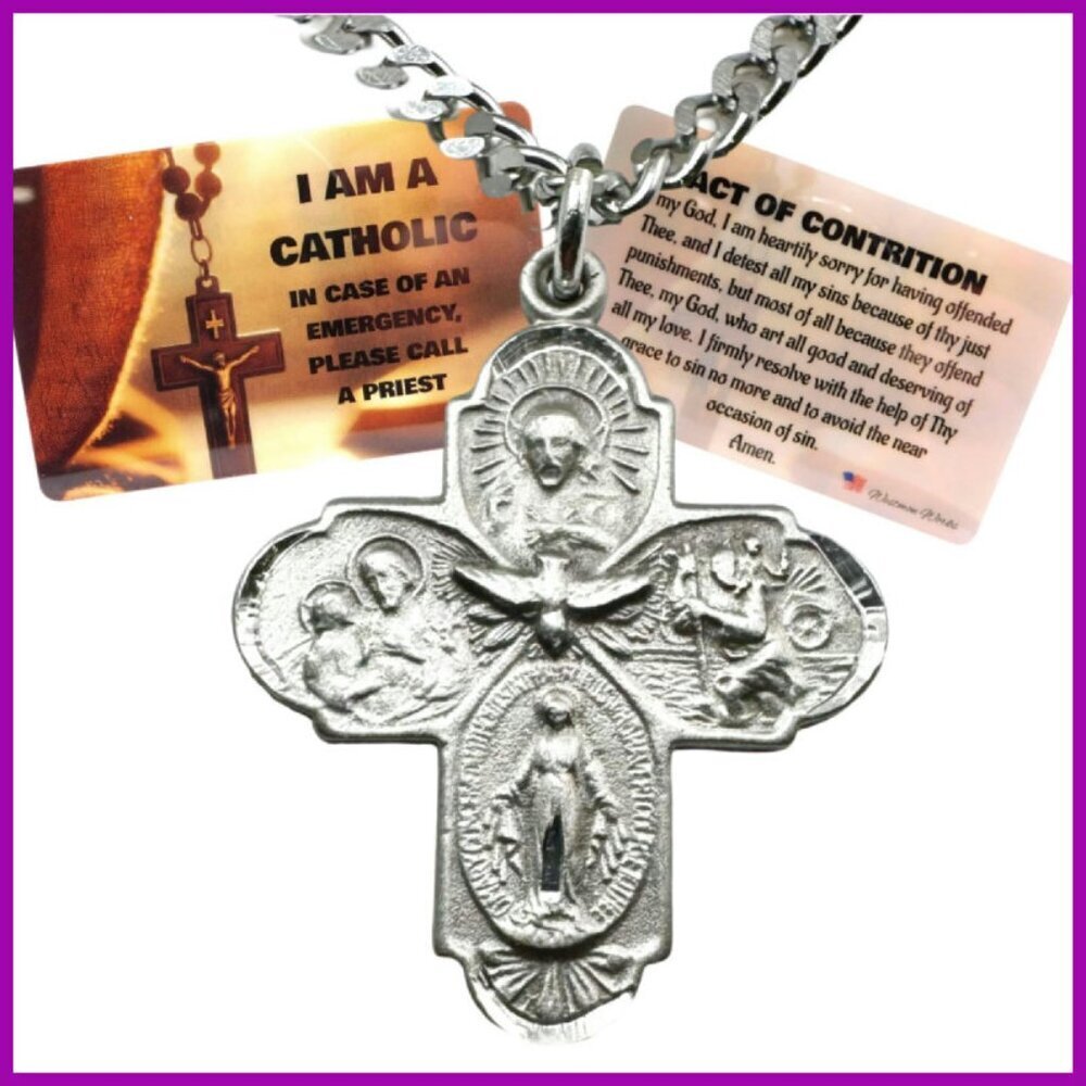 Pewter Four-Way Catholic Medal Necklace with Emergency Card